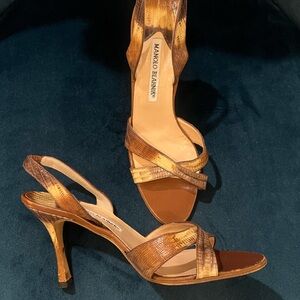 Manolo Blahnik Tan Brown Lizard Skin Strappy Heels